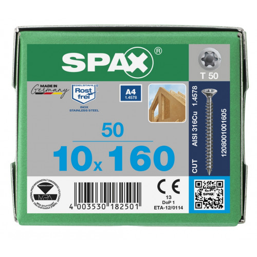 Spax 10x160 мм 1208001001605 (50 шт/упак.) - нерж., полная резьба 