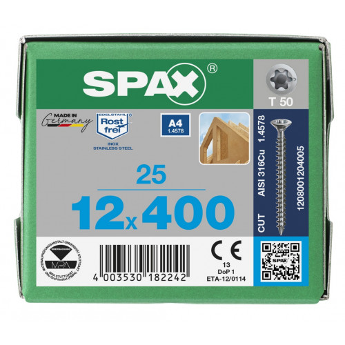 Spax 12x400 мм 1208001204005 (25 шт/упак.) - нерж., полная резьба 