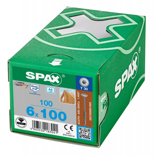 Spax 6x100 мм 0257000601005 (100 шт/упак.) - нержавейка А2, тарельчатая головка T-30