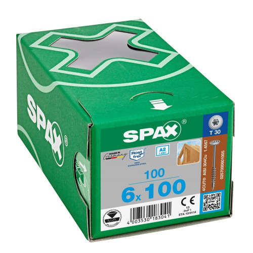 Spax 6x100 мм 0257000601005 (100 шт/упак.) - нержавейка А2, тарельчатая головка T-30