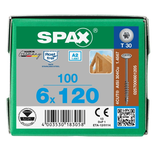 Spax 6x120 мм 0257000601205 (100 шт/упак.) - нержавейка А2, тарельчатая головка T-30