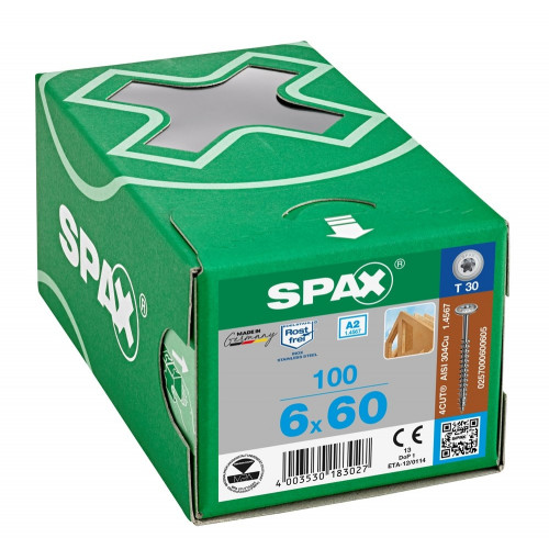 Spax 6x60 мм 0257000600605 (100 шт/упак.) - нержавейка А2, тарельчатая головка T-30