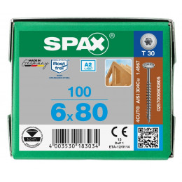 Spax 6x80 мм 0257000600805 (100 шт/упак.) - нержавейка А2, тарельчатая головка T-30