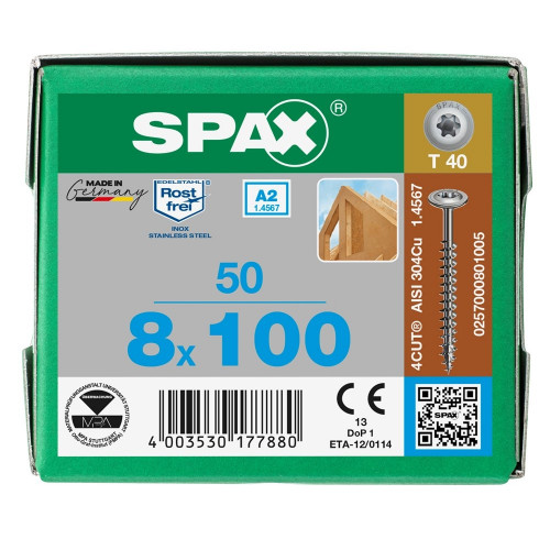 Spax 8x100 мм 0257000801005 (50 шт/упак.) - нержавейка А2, тарельчатая головка T-30
