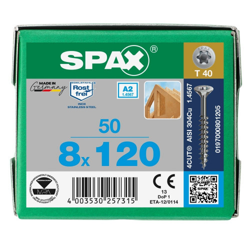 Spax 8x120 мм 0197000801205 (50 шт/упак.) - А2, неполная резьба 