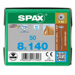 Spax 8x140 мм  0257000801405 (50 шт/упак.) - нержавейка А2, тарельчатая головка T-30