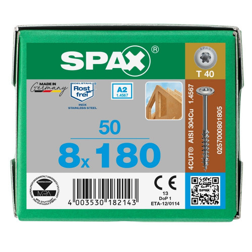 Spax 8x180 мм 0257000801805 (50 шт/упак.) - нержавейка А2, тарельчатая головка T-30