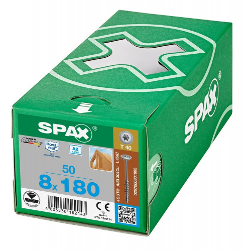 Spax 8x180 мм 0257000801805 (50 шт/упак.) - нержавейка А2, тарельчатая головка T-30