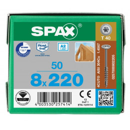 Spax 8x220 мм 0257000802205 (50 шт/упак.) - нержавейка А2, тарельчатая головка T-30