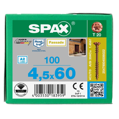 Spax для фасадов 4,5x60 мм 25479004506022 (100 шт/упак.) - двойная резьба, A2 (EAN 4003530183959)