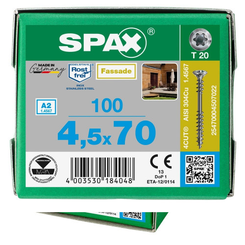 Spax для фасадов 4,5x70 мм 25470004507022 (100 шт/упак.) - двойная резьба, A2 (EAN 4003530184048)